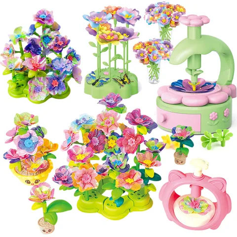 Kids Flower Press Machine Toy DIY Handmade Garden Bouquet Creative Educational Puzzle Craft For Girls Plastic Floral Art