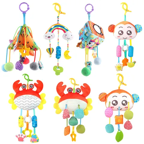 Baby Stroller Hanging Toy Plush Animal Sensory Rattle With Teething Ring For Car Seat Cotton Polyester Plastic Soothing