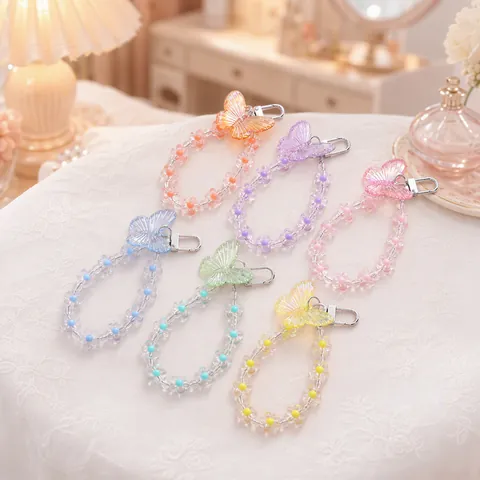 Laser Butterfly Flower Beaded Phone Charm Girly Sweet Plastic Keychain For Phone Case Earphone Shell Decorative Strap