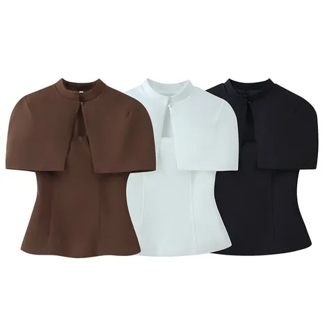 Women Elegant Stand Collar Capelet Fake Two-Piece Top Sleeveless Slim Fit Blouse Patchwork Summer Office Commuter Shirt