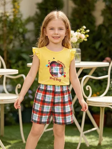 Girls Summer Cotton Outfit Yellow Ruffle Sleeve Top And Plaid Shorts Embroidered Ladybug Pattern Casual Soft Clothes