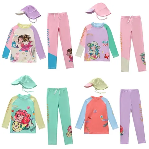 Kinder Mädchen Langarm Meerjungfrau Badeanzug Mit Sonnenhut Rüschen Rock Badebekleidung Polyester Elasthan Strandbekleidung