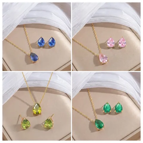 Colección de Collar Y Pendientes Y Pulsera de Acero de Titanio con Zirconia en Forma de Gota para Mujer Joyas Elegantes de Gota