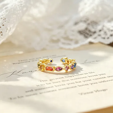 925 Sterling Silver Gold Plated Multicolor Zirconia Adjustable Open Ring Minimalist Geometric Fashion Jewelry Set For Women