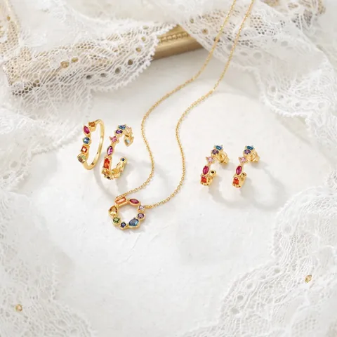 925 Sterling Silver Rainbow Round Pendant Necklace For Women Colorful Zirconia Inlaid Gold Plated Fashion Jewelry Gift