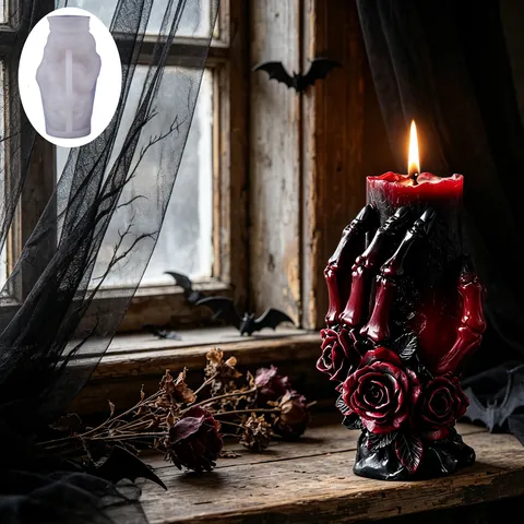 Skeleton Hand Skull Silicone Candle Mold Gothic Horror DIY Scented Wax Mould Halloween Party Decoration Realistic Rose Texture