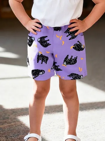 Kids Girls Casual Cotton Shorts Western Style Gorilla Banana Print Purple Summer Elastic Waist Drawstring Pockets Bottoms