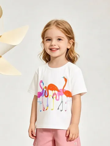 Maglietta Estiva in Cotone per Bambine Stampa Cartoon Fenicottero Manica Corta Top Casual Girocollo Sportivo Abbigliamento Bambina