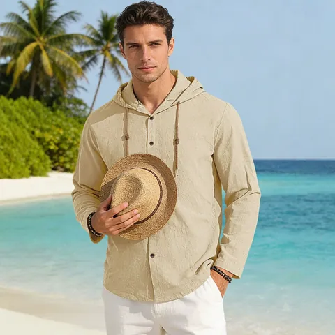 Men Hooded Shirt Cotton Linen Blend Long Sleeve Drawstring Casual Beach Button Down Solid Color Breathable Top