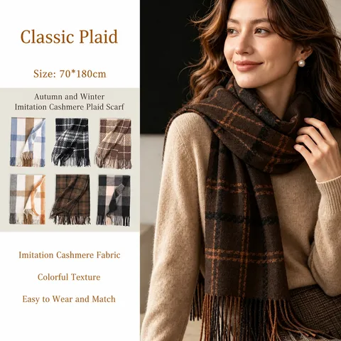 Écharpe à Carreaux Douce avec Glands pour Femme Polyester Imitation Cachemire Châle Chaud d'Hiver Accessoire Classique Quotidien