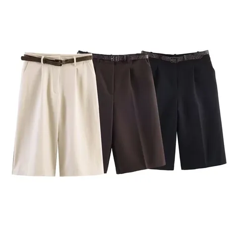 Women High Waist Wide Leg Long Shorts With Snake Print Belt Casual Office Bermuda Shorts Solid Color Pleated Dress Shorts