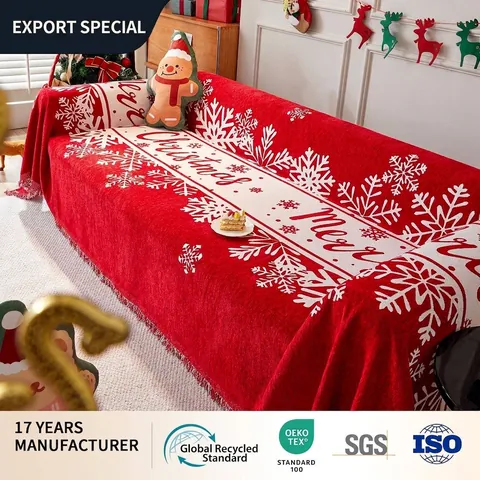 Funda de Sofá de Navidad Copo de Nieve Merry Christmas de Chenilla Manta con Borlas Rojo Decoración de Hogar Sala de Estar
