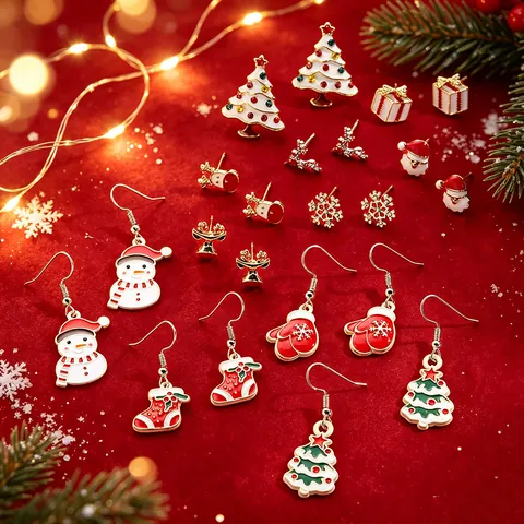 Christmas Stud Earrings Set For Women Cartoon Reindeer Snowflake Santa Claus Alloy Rhinestone Festive Jewelry Gift