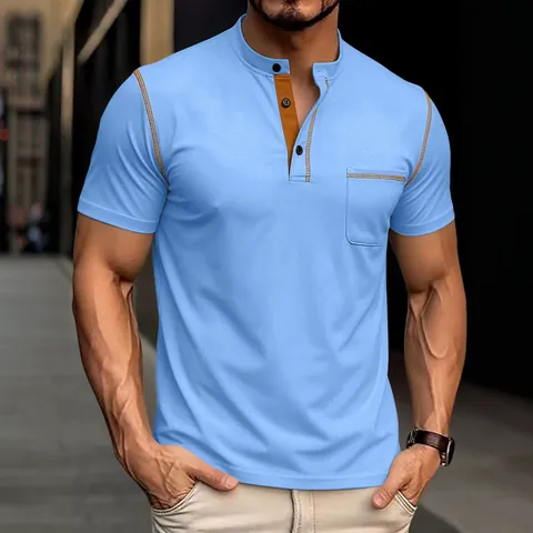 Men Short Sleeve Henley Shirt Polyester Quick Dry Breathable Button Pocket Contrast Stitching Casual Athletic Tops