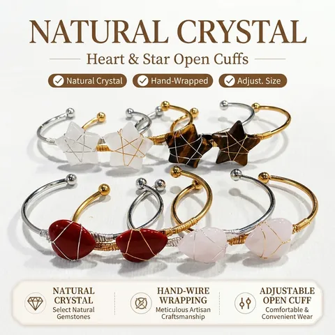 Heart Shape Natural Crystal Gemstone Open Cuff Bracelet Handmade Wire Wrapped Adjustable Jewelry Gift For Women