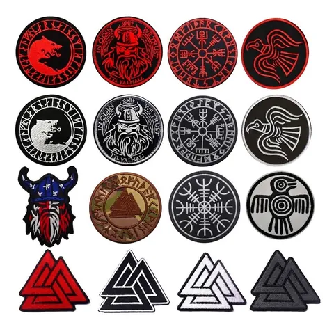Viking Odin Valknut Tactical Embroidery Patch In Odin We Trust Solar Bird Wolf Raven Hook and Loop Badge For Clothing