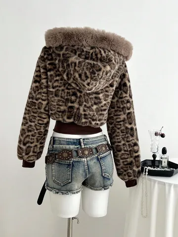 Women Leopard Print Faux Fur Jacket Hooded Thickened Warm Winter Coat Casual Streetwear Long Sleeve Faux Fur Outwear For Women