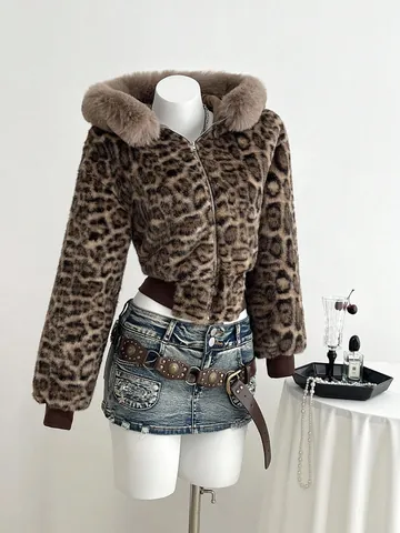 Women Leopard Print Faux Fur Jacket Hooded Thickened Warm Winter Coat Casual Streetwear Long Sleeve Faux Fur Outwear For Women