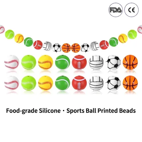15mm Sports Silicone Beads For DIY Jewelry Making Football Basketball Baseball Rugby Tennis Volleyball Food Grade Beads