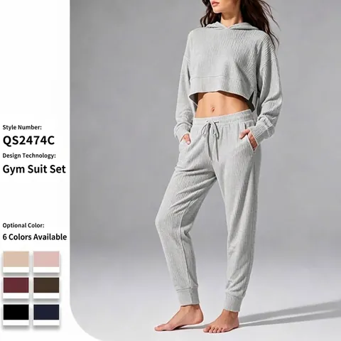 Chándal Deportivo Con Capucha para Mujer de Pana Poliéster Acanalado Manga Larga Top And Bottom Casual Cálido Yoga