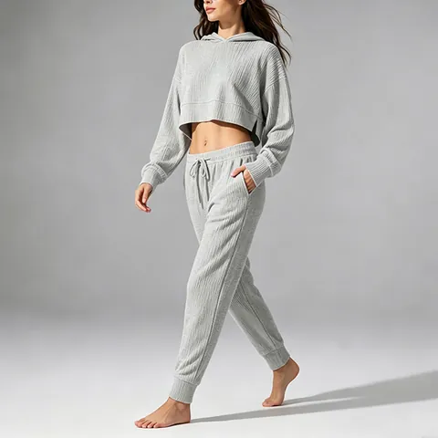 Chándal Deportivo Con Capucha para Mujer de Pana Poliéster Acanalado Manga Larga Top And Bottom Casual Cálido Yoga