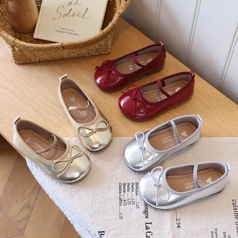 Girls Mary Jane Flat Shoes Bowknot Soft Sole Princess Wedding Party Shoes Metallic PU Leather Toddler Kids Single Shoes