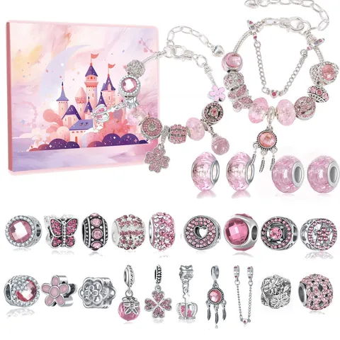 Aftellen Kerst Adventskalender DIY Armband Cadeau Voor Meisjes Roze Kasteel Doos Legering Bedel Kralen Sieraden Maken Kit Voor Kinderen Vrouwen