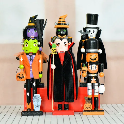 Halloween Nutcracker Wooden Soldier Ornament Skeleton Pumpkin Witch Black Cat Figure 10 Inch Tabletop Holiday Decoration