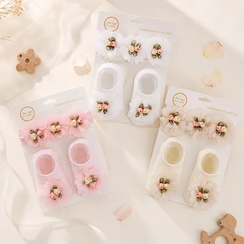 Conjunto De Diadema Y Calcetines Para Bebé Niña Gasa Flor 3D Nylon Diadema Elástica Calcetines Antideslizantes Para Recién Nacidos