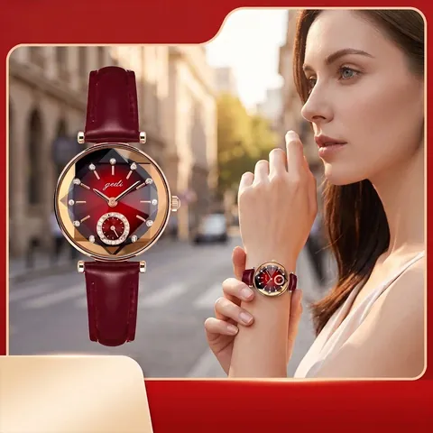 Damen Mode Luxus Quarzuhr Farbverlauf Zifferblatt Strass Akzente Facettiertes Glas Spiegel Kunstleder Armband Wasserdicht Armbanduhr