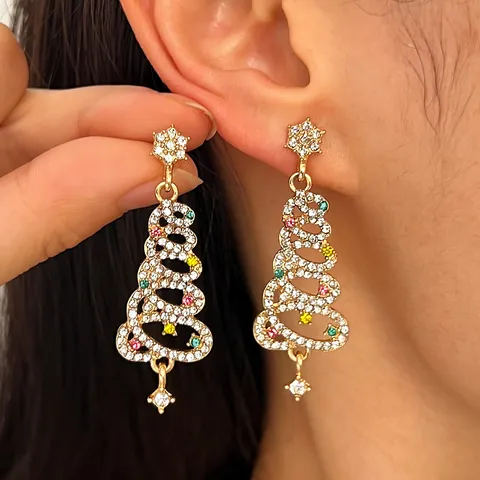 Orecchini a Pendolo a Forma di Albero di Natale per Donna con Strass Colorati Intarsiati Gioielli di Moda in Lega per Feste