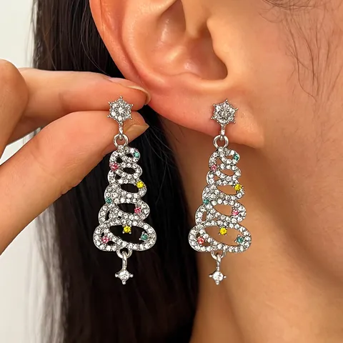 Orecchini a Pendolo a Forma di Albero di Natale per Donna con Strass Colorati Intarsiati Gioielli di Moda in Lega per Feste