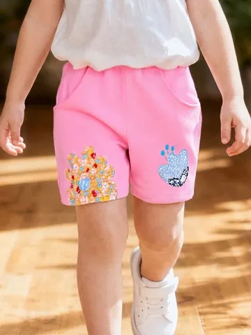 Girls Casual Cotton Athletic Shorts Pink Floral Embroidery Elastic Waist Drawstring Summer Beach Shorts For Toddler Kids 2-7Y