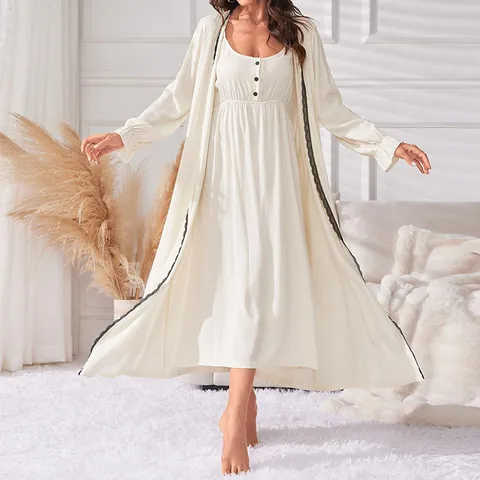 Women's Viscose Sleepwear Set Two-Piece Beige Lace Trim Robe And Nightgown Casual Mid-Length Loungewear Top And Bottom
