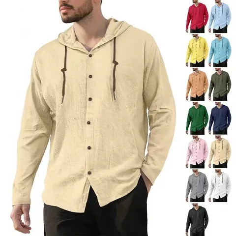 Men Hooded Shirt Cotton Linen Long Sleeve Solid Color Casual Button Down Drawstring Top Urban Fashion Breathable Outerwear