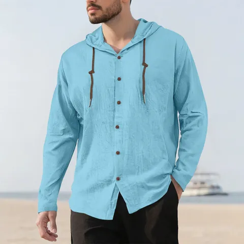 Men Hooded Shirt Cotton Linen Long Sleeve Solid Color Casual Button Down Drawstring Top Urban Fashion Breathable Outerwear