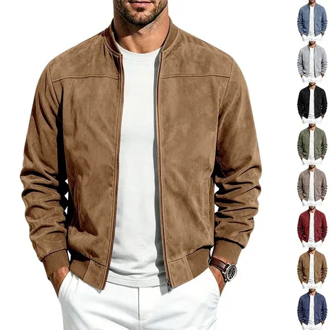 Men's American Style Suede Bomber Jacket Solid Color Baseball Collar Zip Up Casual Windproof Lightweight Jacket Outwear