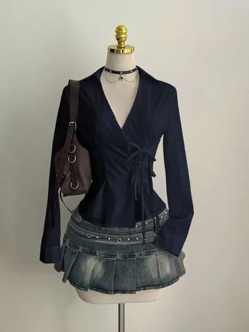Elegant Women Wrap V Neck Long Sleeve Blouse Side Bow Tie Up Slim Fit Shirt Casual Office Commuter Top