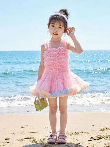 Girls Rainbow Tutu Princess Dress Polyamide Pleated Sling Sleeveless Party Gown With Cotton Lining Pompom For Toddler Kids