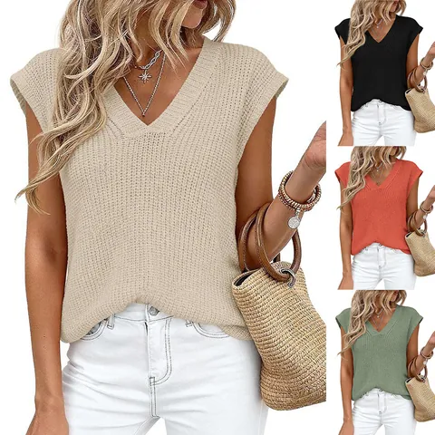 Women V-Neck Chunky Knit Sweater Vest Sleeveless Casual Loose Ribbed Pullover Top Knitwear For Summer Autumn