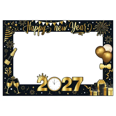 Happy New Year Photo Booth Frame 2026 Black Gold Paper Party Decoration Props Selfie Cutout Accessory