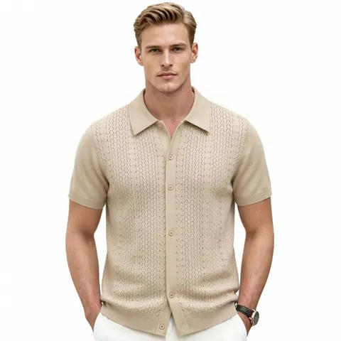 Men's Summer Solid Viscose Knitted Hollow Short Sleeve Polo Shirt Casual Business Lapel Button Cardigan Breathable Knitwear Top