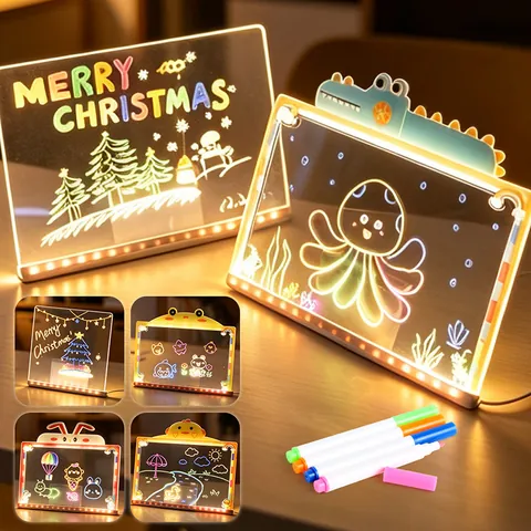 LED Luminous Drawing Board Acrylic Transparent Rewritable Graffiti Tablet Neon Pens For Kids Creative Art Gift USB