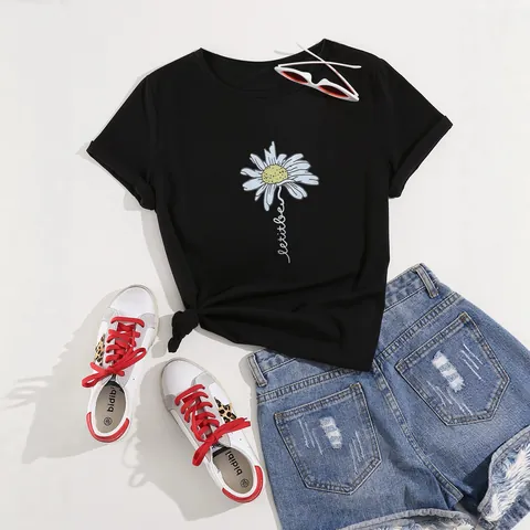 Maglietta da Donna Casual in Misto Cotone con Stampa Margherita e Lettere Girocollo Manica Corta Nero Streetwear Top