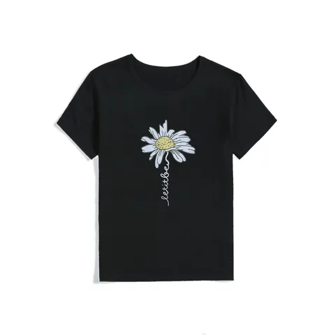 Maglietta da Donna Casual in Misto Cotone con Stampa Margherita e Lettere Girocollo Manica Corta Nero Streetwear Top