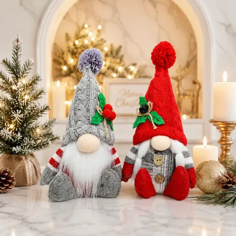 Gnomo Di Natale Bambola Senza Volto Ornamento Tessuto Maglia Capelli Artificiali Lunga Barba Maniche Righe Arredo Casa