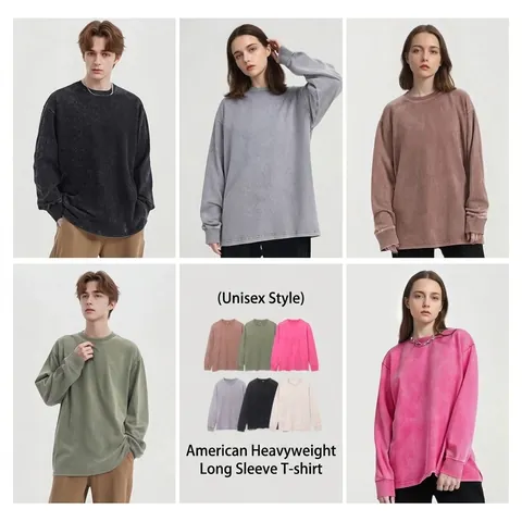 Men Vintage Heavyweight Cotton Long Sleeve T-Shirt Oversized Washed Distressed Crew Neck Casual Retro Streetwear Top
