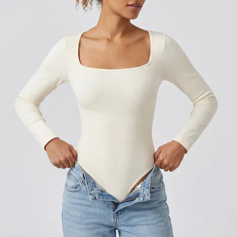 Women's Seamless Square Neck Long Sleeve Ribbed Yoga Bodysuit Slim Fit Sport One Piece Jumpsuit Casual Activewear Body Top