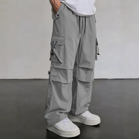 Men American Techwear Cargo Pants Parachute Pants Loose Straight Leg Quick Dry Multi-Pocket Tactical Trousers Streetwear Casual Pants