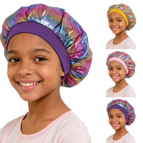 Kids Laser Rainbow Satin Sleeping Bonnet Elastic Wide Band Baby Hair Care Hat Polyester Slip-on Cap For Girls Toddlers